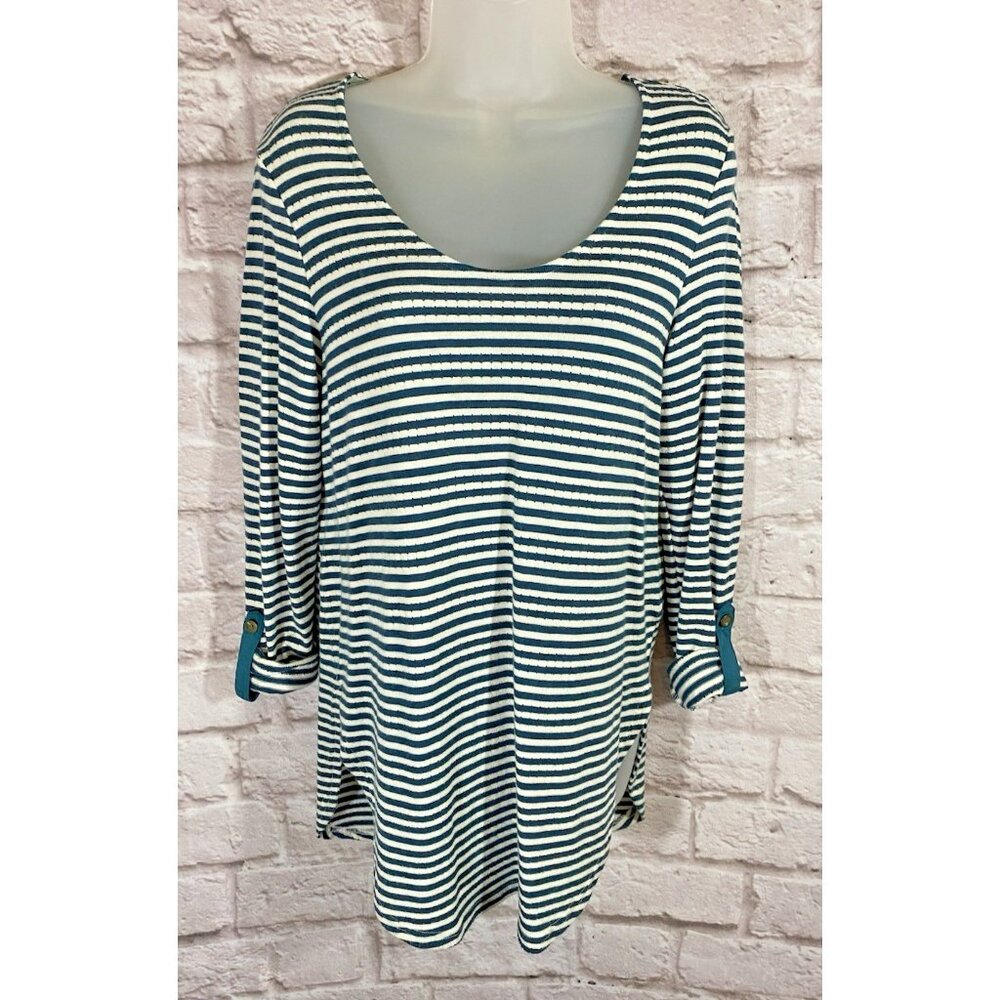 Anthropologie Akemi Kin XS Sylvia Tunic Top Roll Tab Sleeve Teal Cream Stripe‎